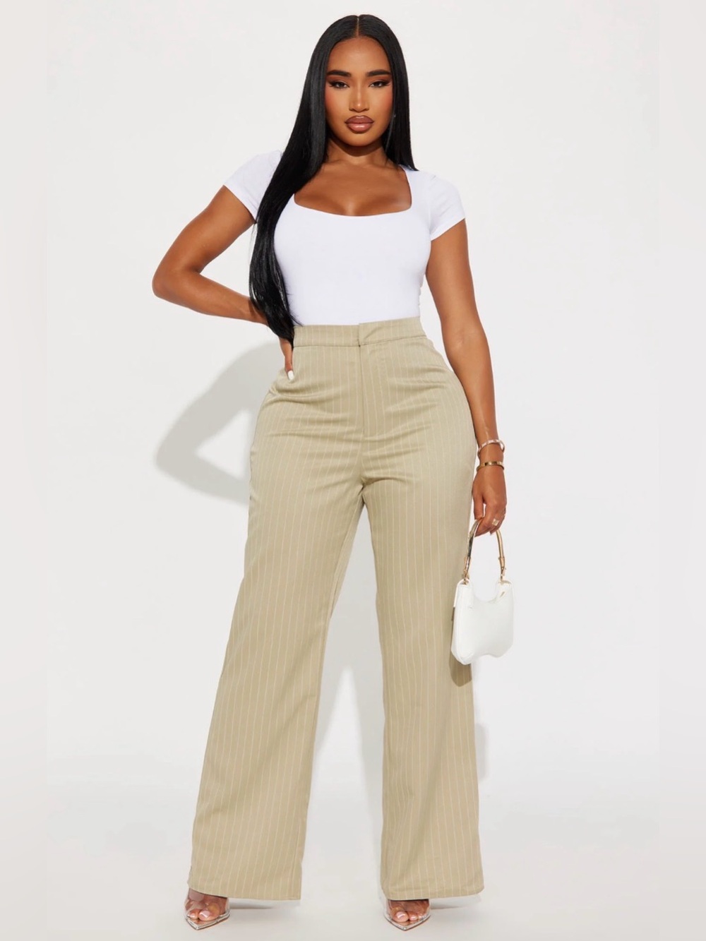Fashion Nova Beige Pinstripe High-Waist Wide-Leg Pants